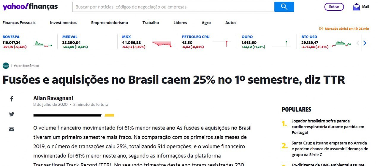 Fuses e aquisies no Brasil caem 25% no 1 semestre, diz TTR